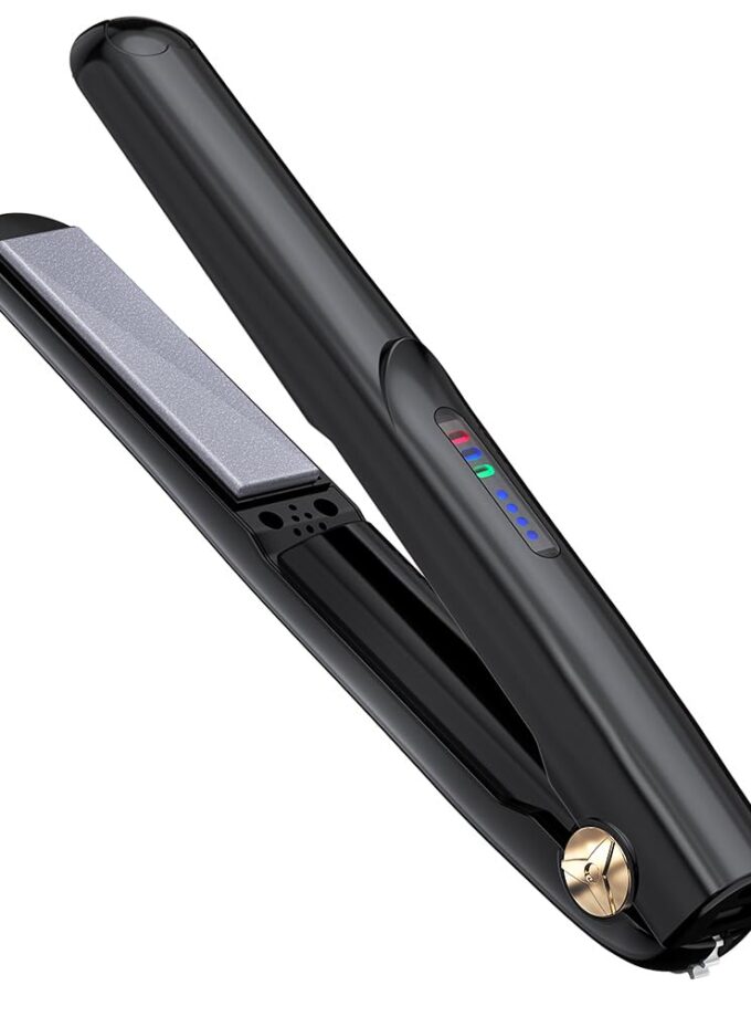 Mini cordless hair straightener and curler in black with ceramic plates, designed for travel and versatile styling for men and women