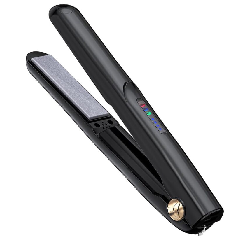 Mini cordless hair straightener and curler in black with ceramic plates, designed for travel and versatile styling for men and women