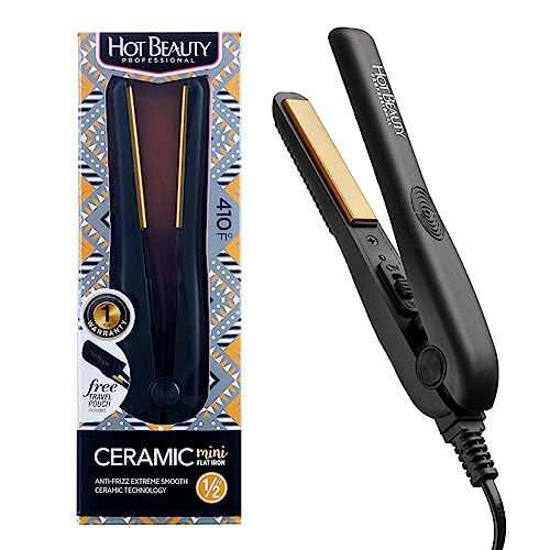 Hot Beauty Professional Mini Flat Iron in sleek black, featuring ceramic plates for anti-frizz styling and fast heating, designed for travel and versatile use.