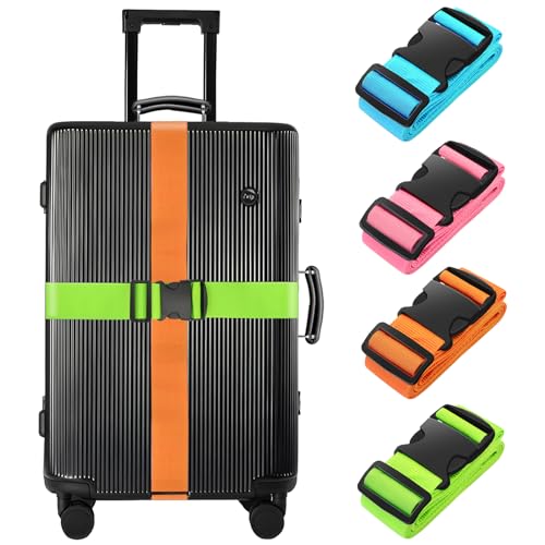 Colorful BILIONE luggage straps in blue, orange, rose pink, and green, designed for secure suitcase closure and easy identification during travel