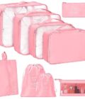 9 Set Packing Cubes in pink, featuring various sizes for organized travel, including bags for shoes, toiletries, and laundry