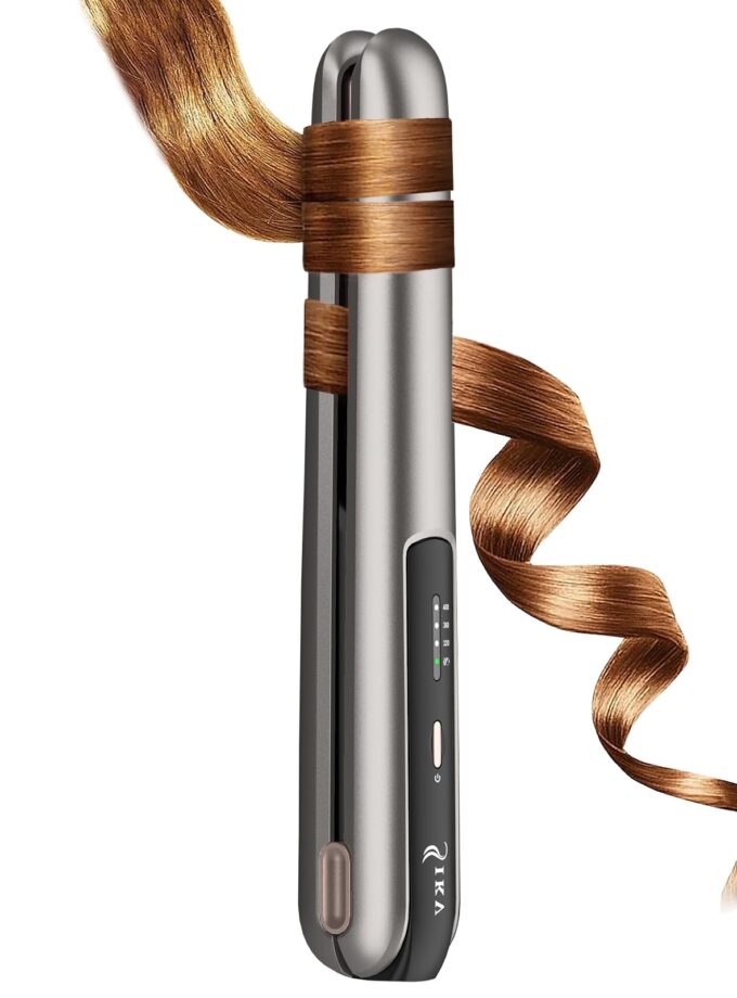 Compact cordless hair straightener and curler with a sleek design, ceramic-coated plates, and USB-C charging – perfect for travel styling.