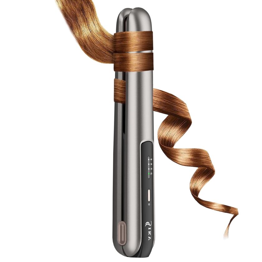 Compact cordless hair straightener and curler with a sleek design, ceramic-coated plates, and USB-C charging – perfect for travel styling.