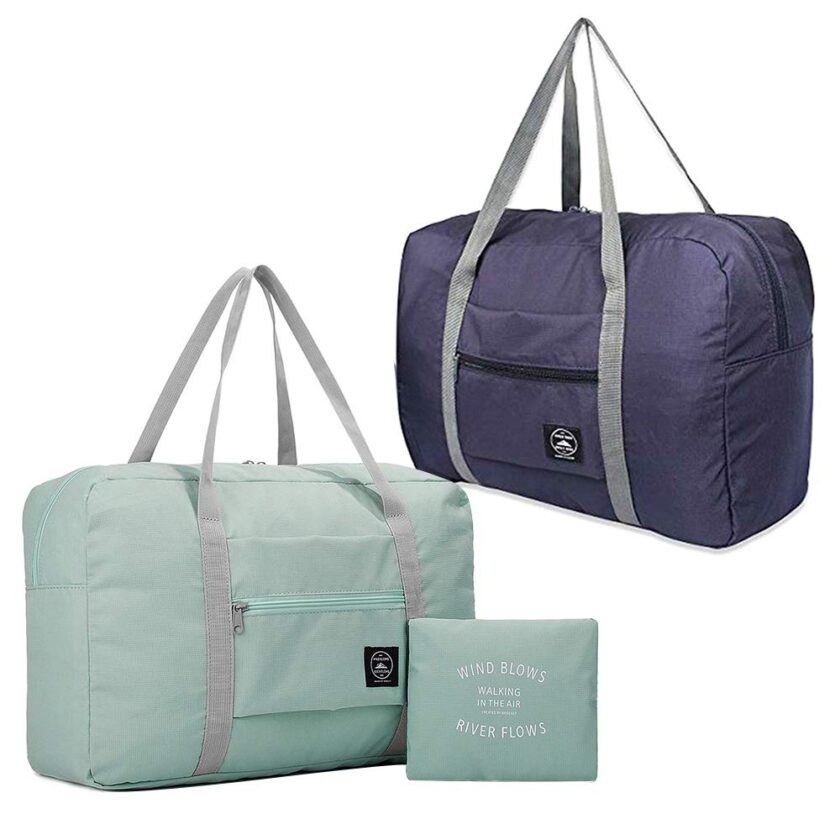 Light blue and dark blue foldable travel duffel bags, showing their spacious interior, waterproof fabric
