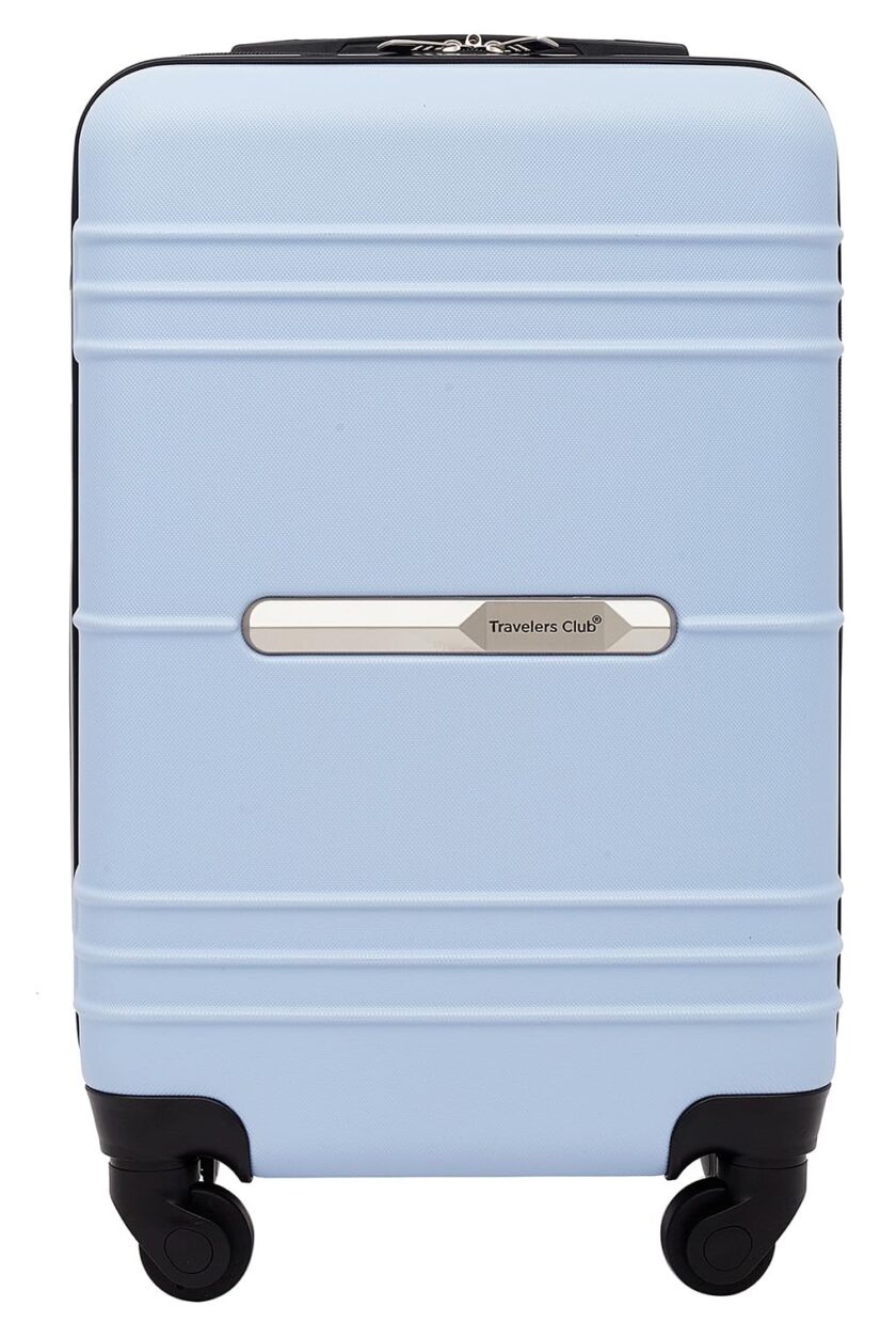 Travelers Club Richmond 20-inch carry-on spinner luggage in vibrant blue with 4 spinner wheels and ergonomic push-button locking handle