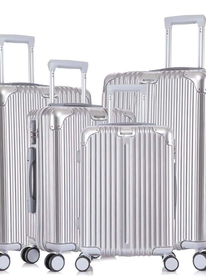 Apelila 4 Piece Silvery Luggage Set featuring lightweight, hardshell design with 360° spinner wheels for easy travel.