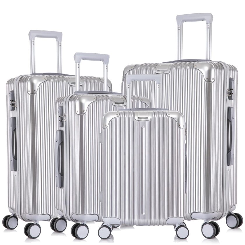 Apelila 4 Piece Silvery Luggage Set featuring lightweight, hardshell design with 360° spinner wheels for easy travel.