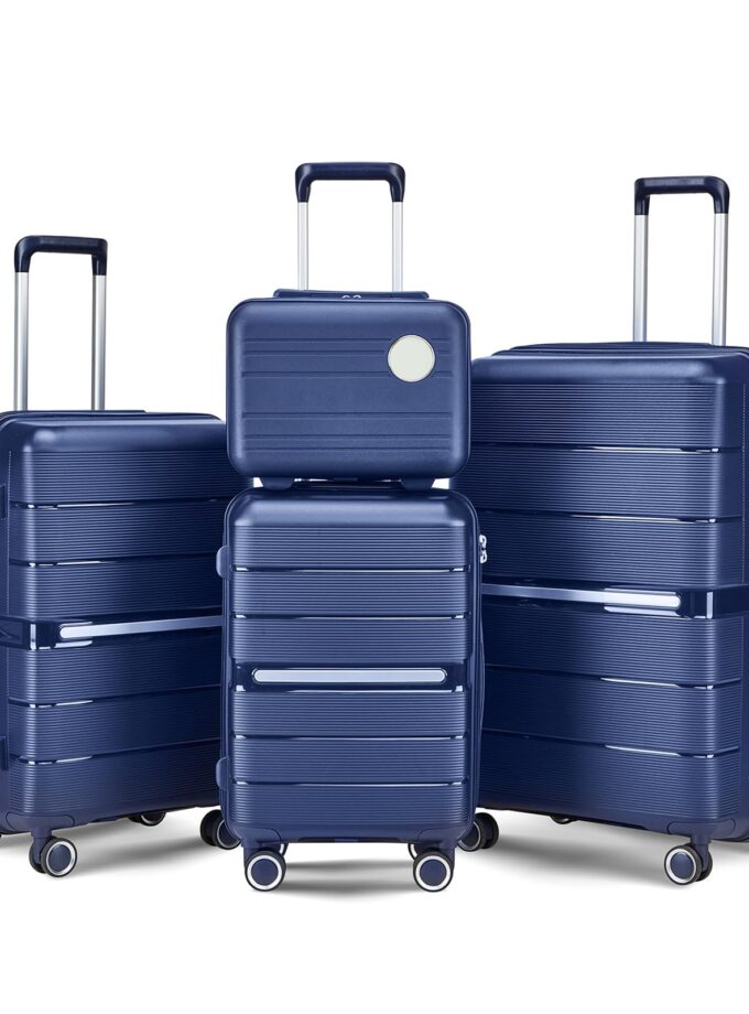 4-Piece Navy Blue Hardshell Luggage Set featuring lightweight design, TSA lock, and smooth 360° spinner wheels for effortless travel
