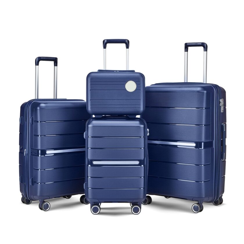 4-Piece Navy Blue Hardshell Luggage Set featuring lightweight design, TSA lock, and smooth 360° spinner wheels for effortless travel