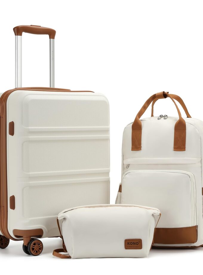 Stylish Kono 3-Piece Carry-On Luggage Set with a cream white hard shell suitcase, TSA lock, and versatile travel backpack for seamless travel experiences