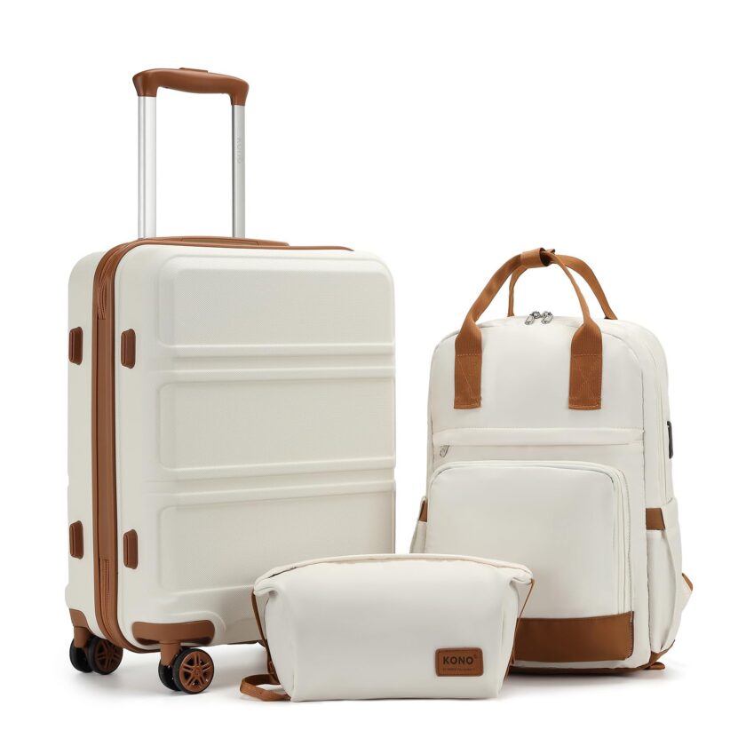 Stylish Kono 3-Piece Carry-On Luggage Set with a cream white hard shell suitcase, TSA lock, and versatile travel backpack for seamless travel experiences