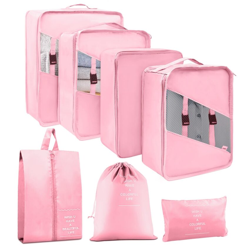 YEEYAA 7 Set Packing Cubes in pink, featuring various sizes for organized travel and essential storage solutions