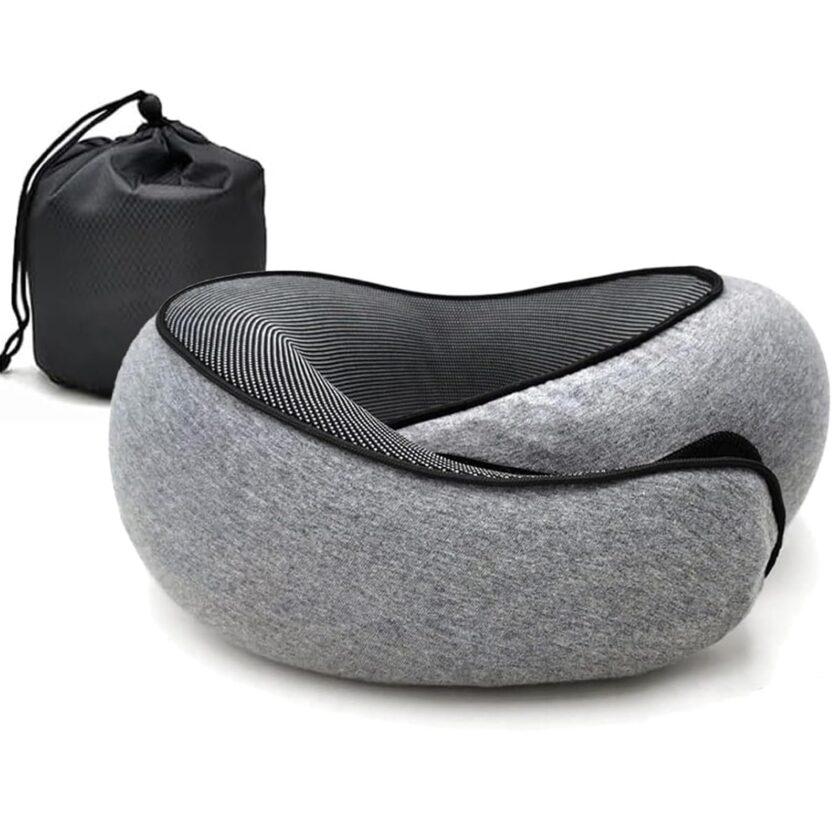 Dark Gray RURING Travel Neck Pillow designed for airplanes, providing 360-degree support and comfort with memory foam filling