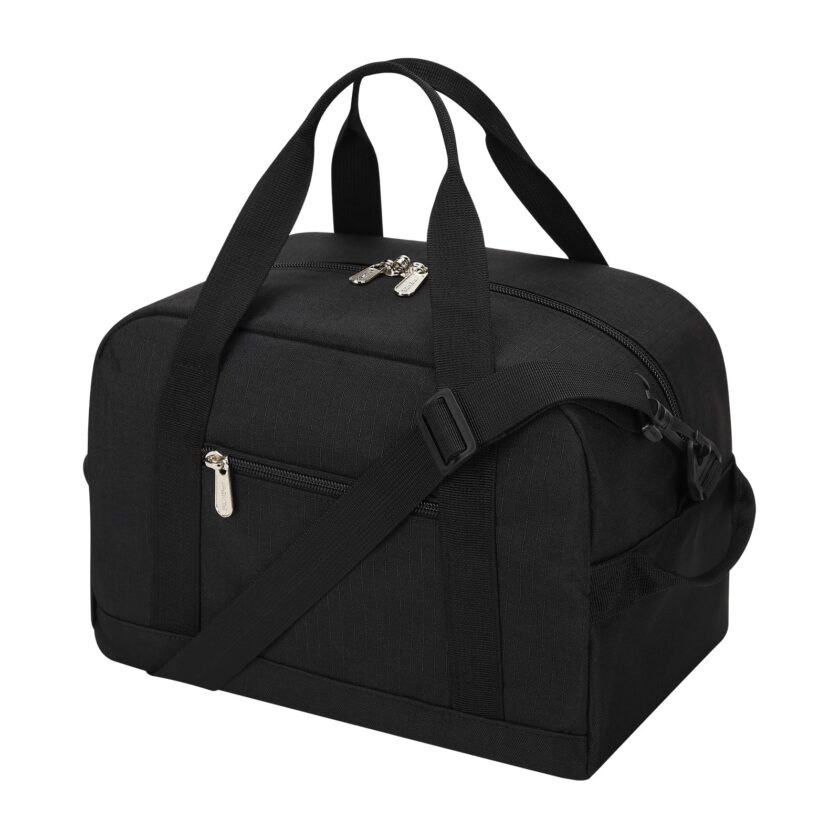 Black mini duffle bag with detachable shoulder strap, lightweight and compact design, perfect for travel, gym, and overnight stays