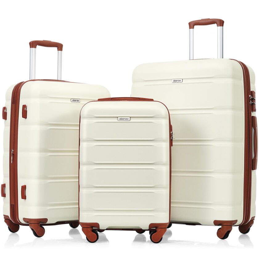 Merax 3-Piece Hardside Luggage Set in Brown/Ivory featuring expandable design, TSA lock, and double spinner wheels for seamless travel