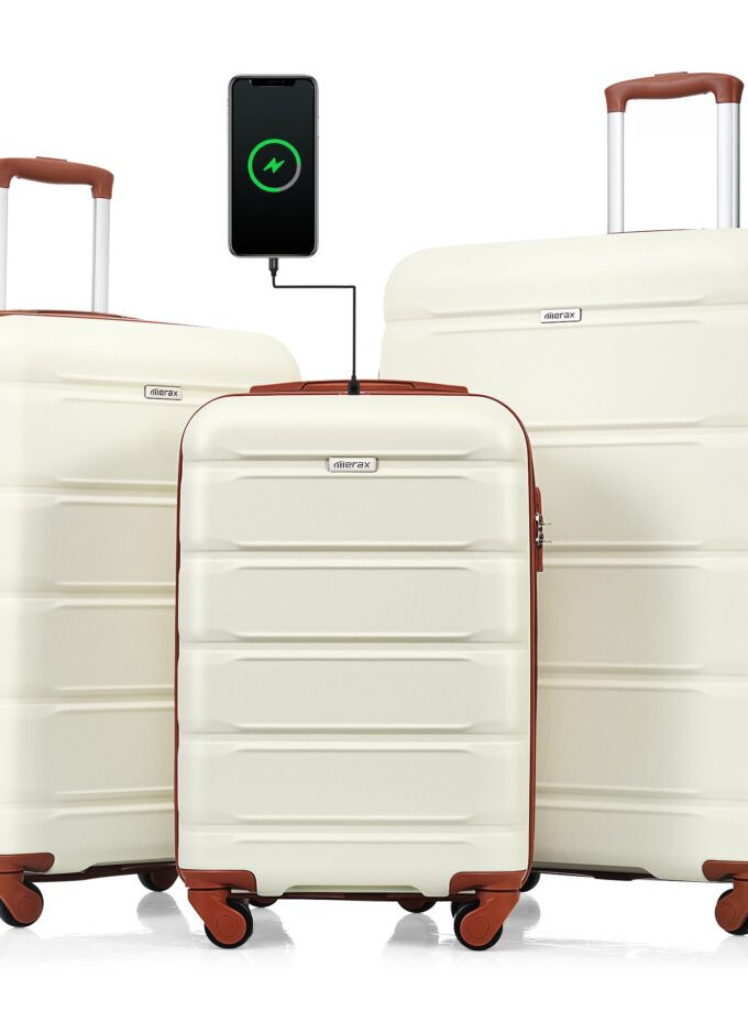 Merax 3-Piece Hardside Luggage Set in Pearly White showcasing expandable design and spinner wheels