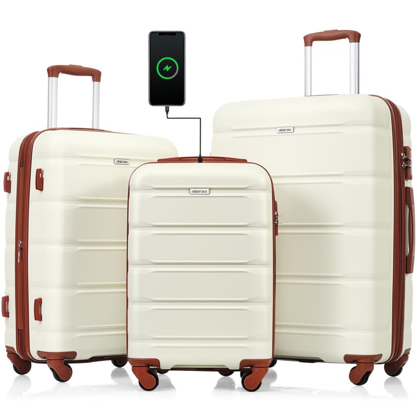 Merax 3-Piece Hardside Luggage Set in Pearly White showcasing expandable design and spinner wheels