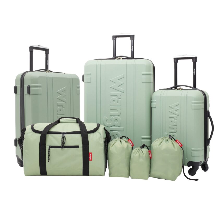 Wrangler Venture 7-Piece Luggage Set with multiple suitcase sizes, spinner wheels, and packing accessory bags for organized travel