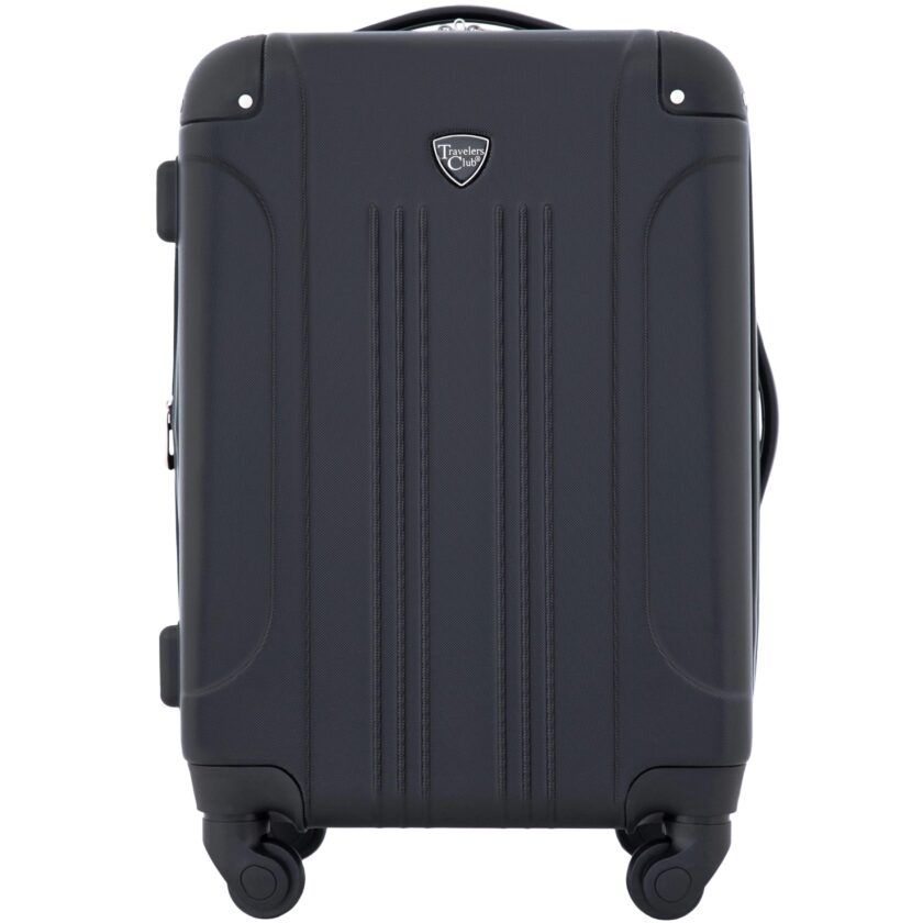 Black 20-inch hardside expandable carry-on luggage with spinner wheels and push-button locking handle