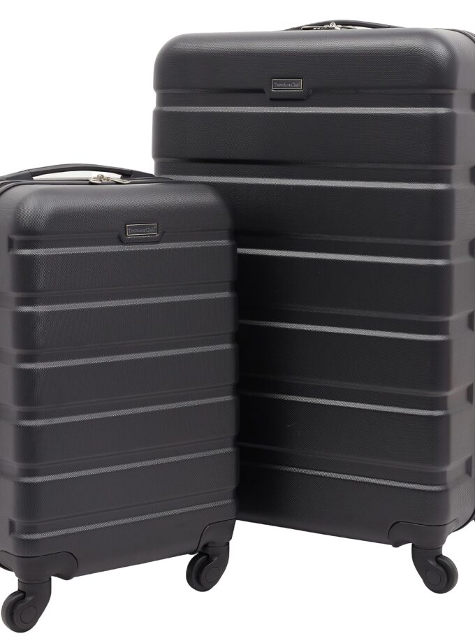 Travelers Club Harper Luggage Set in black, featuring a durable ABS hardshell, four wheels for easy maneuverability