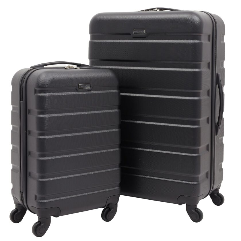 Travelers Club Harper Luggage Set in black, featuring a durable ABS hardshell, four wheels for easy maneuverability