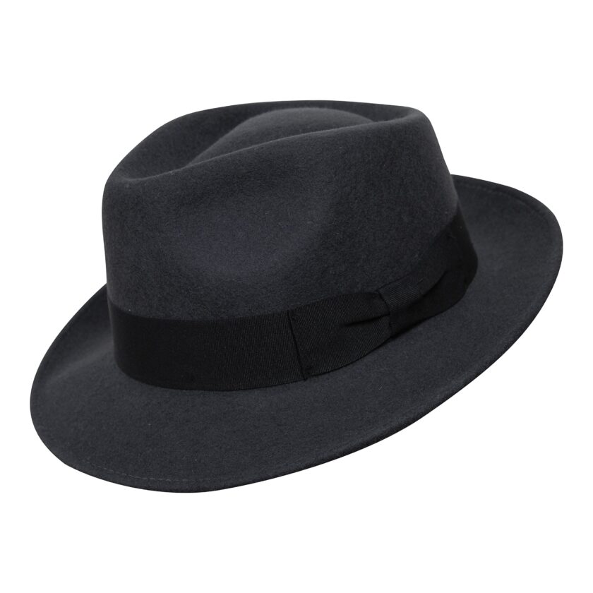 Stylish Dark Grey B&S Premium Doyle Teardrop Fedora Hat Made from 100% Wool Felt - Water Resistant and Crushable for Travel
