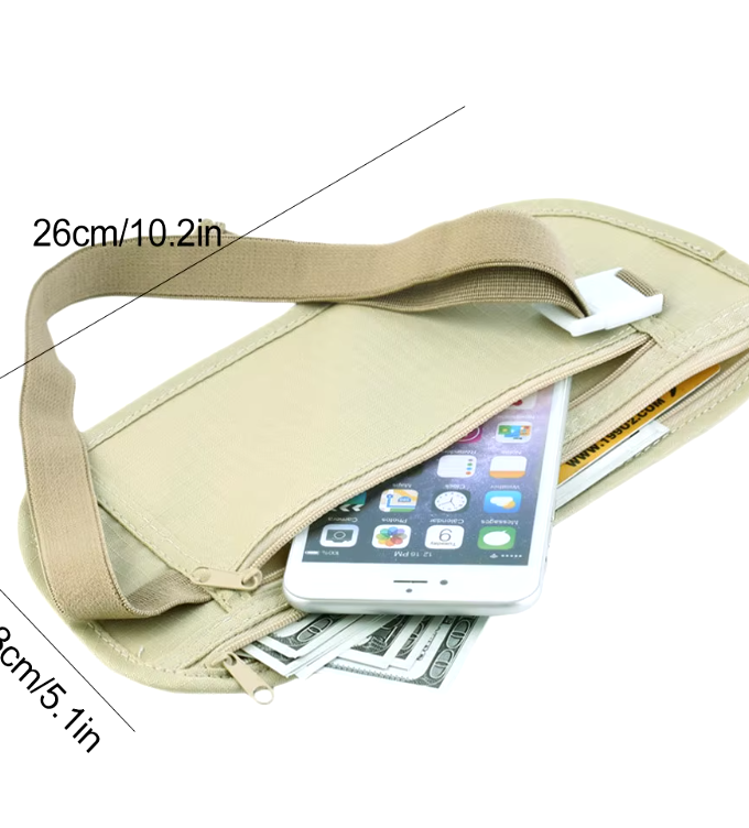 Invisible travel money belt with breathable mesh lining, providing secure and comfortable storage under clothing for valuables like passports and cash.