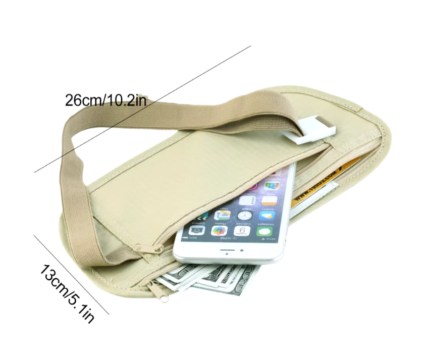 Invisible travel money belt with breathable mesh lining, providing secure and comfortable storage under clothing for valuables like passports and cash.