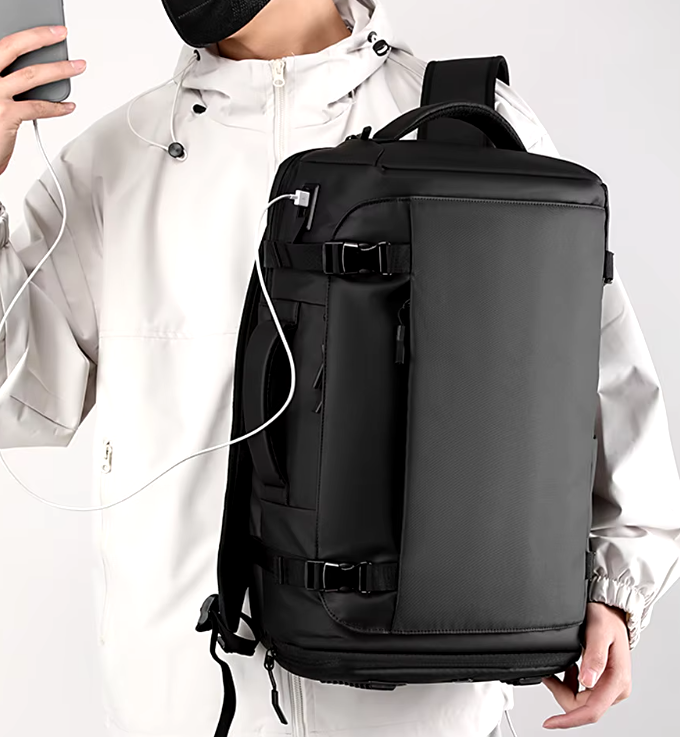 Multi-purpose backpack featuring USB charging, separate shoe compartment, and spacious design for business and travel.
