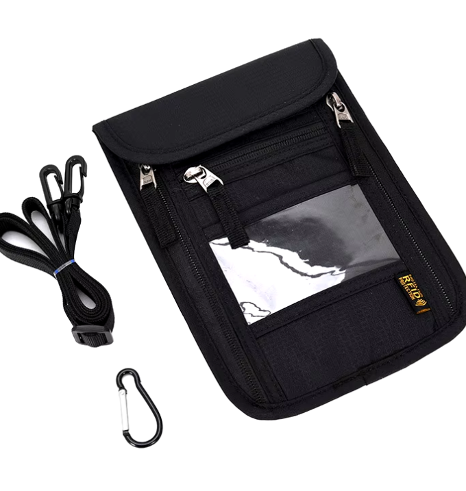Compact RFID-blocking travel organizer in nylon, designed for secure storage of passports, cards, and travel documents.