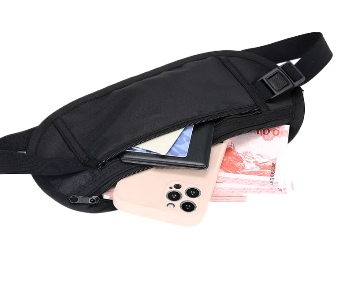 Slim anti-theft money belt with hidden compartments for secure travel, made from durable Oxford fabric and designed for all-day comfort.