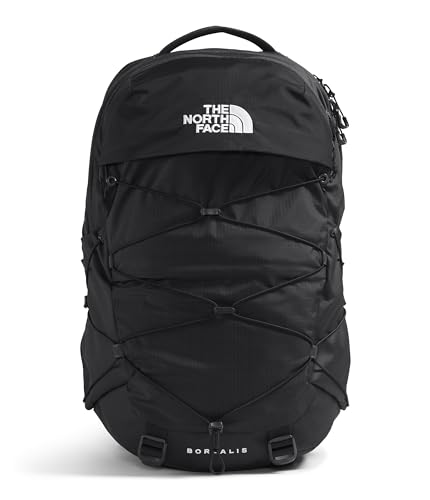 Black North Face Borealis Backpack with FlexVent suspension, featuring multiple pockets and a sleek design for commuting and travel