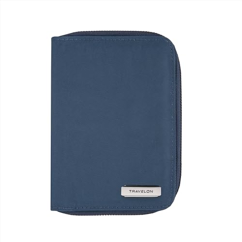 Travelon RFID Blocking Passport Zip Wallet in Ocean color, showcasing its sleek design and secure features
