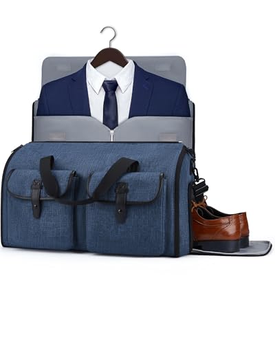 Stylish BAGSMART convertible garment duffle bag for travel, featuring multiple storage pockets and a shoe compartment in blue