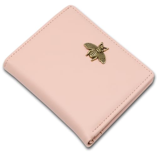 Pink Altally Small Women’s Wallet with bee charm, showcasing RFID protection and compact design with multiple card slots and coin pocket