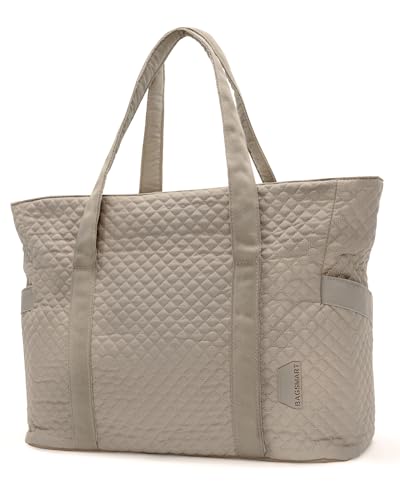 BAGSMART Large Tote Bag in grayish brown, featuring spacious compartments, side access pockets, and a yoga mat buckle, perfect for work, gym, and travel.