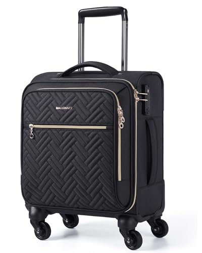 Black BAGSMART 16-inch underseat carry-on luggage with spinner wheels, TSA-approved lock, and quilted design for secure and stylish travel