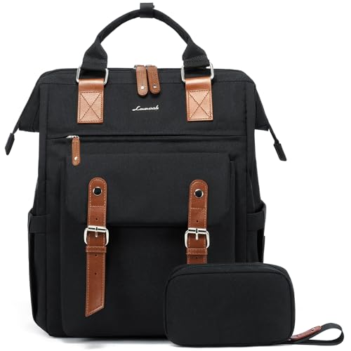 LOVEVOOK Stylish Laptop Backpack in black-brown with USB charging port, showcasing its spacious design and padded compartments