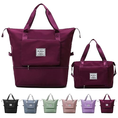 Fuchsia Large Capacity Folding Travel Bag showcasing waterproof material and multiple pockets, perfect for gym and weekend trips