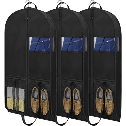 Set of three 43-inch black garment bags with clear windows, sturdy handles, and spacious gussets for travel and closet storage