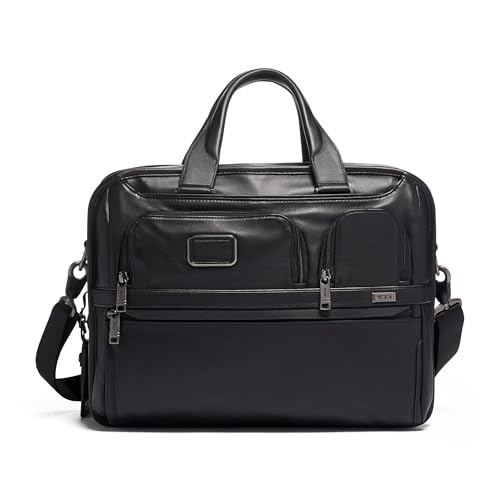 Stylish TUMI Alpha Expandable Organizer Laptop Briefcase in black leather, showcasing an expandable design and removable laptop sleeve