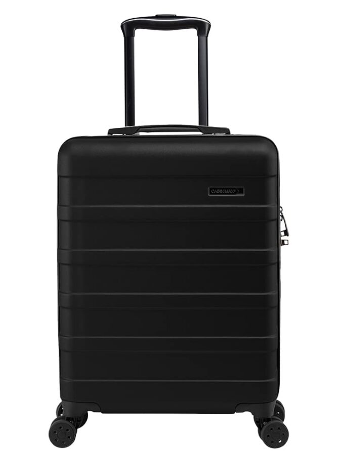 Cabin Max Anode 44L Carry-On Suitcase in black with built-in USB port, lightweight ABS construction, and 3-digit combination lock for secure travel