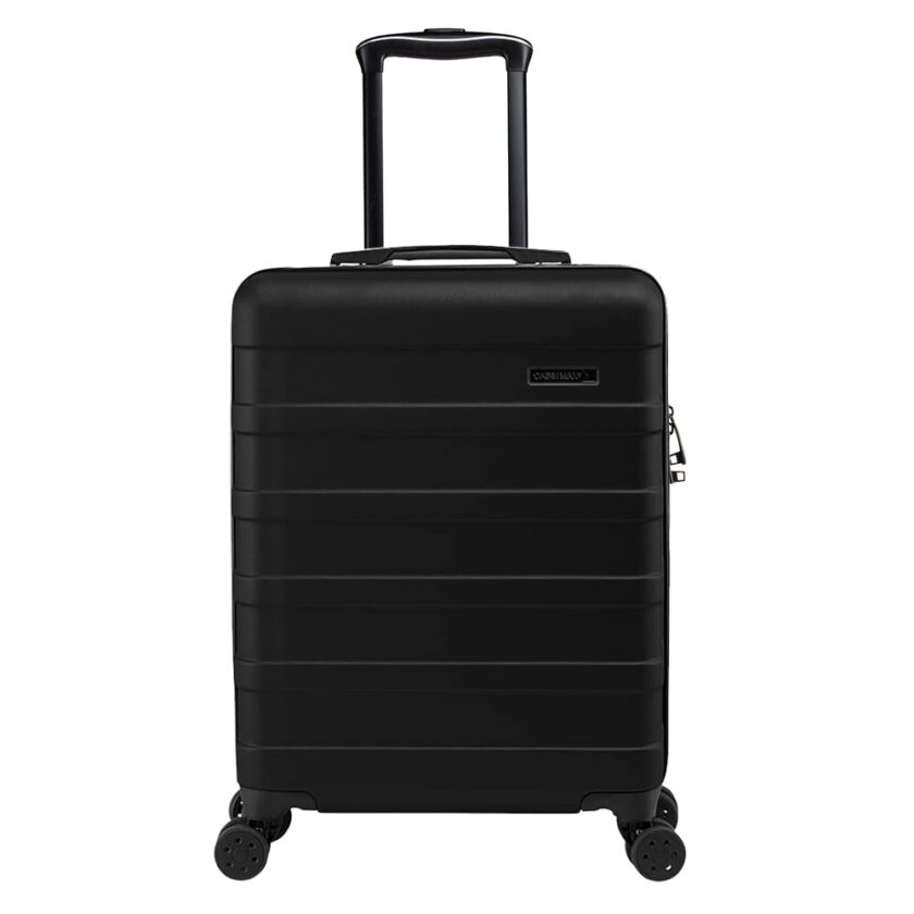 Cabin Max Anode 44L Carry-On Suitcase in black with built-in USB port, lightweight ABS construction, and 3-digit combination lock for secure travel