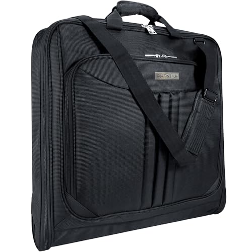 Black 43-Inch waterproof garment bag with multiple pockets and shoulder strap, ideal for keeping suits and formalwear wrinkle-free during travel