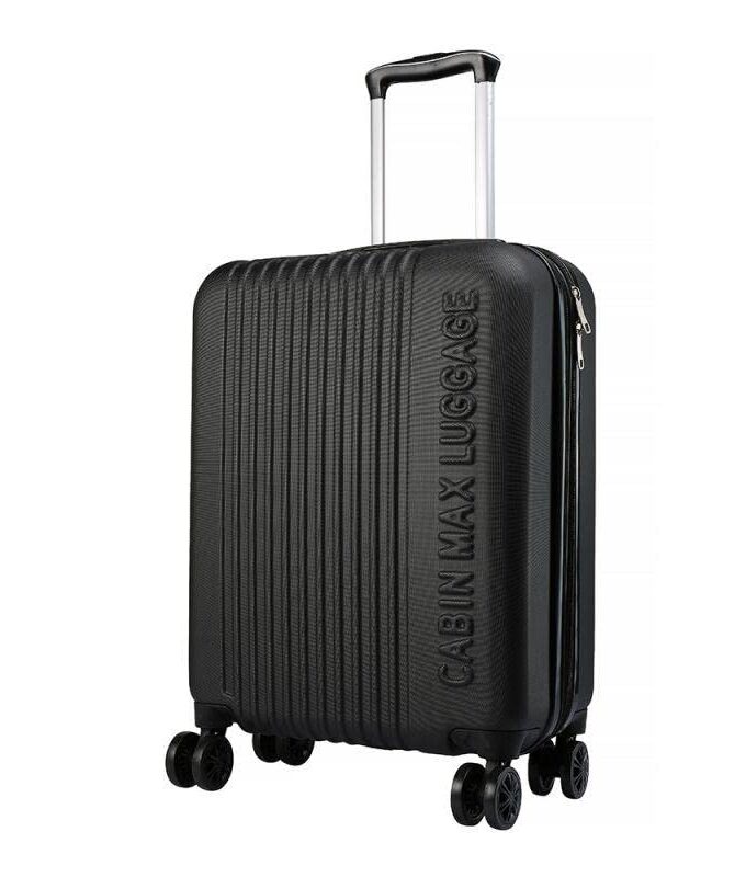 Cabin Max Velocity Expandable Suitcase in black, designed for optimal travel with a durable hard shell and 4-wheel mobility