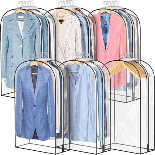 Set of 6 clear garment bags with gusseted sides for extra capacity, durable metal zippers, and waterproof protection for suits, coats, and dresses
