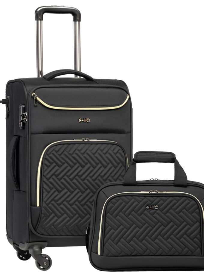 Coolife 20-Inch Lightweight Carry-On Luggage in Black with Integrated USB Port and Matching Tote Bag, Ideal for Travel