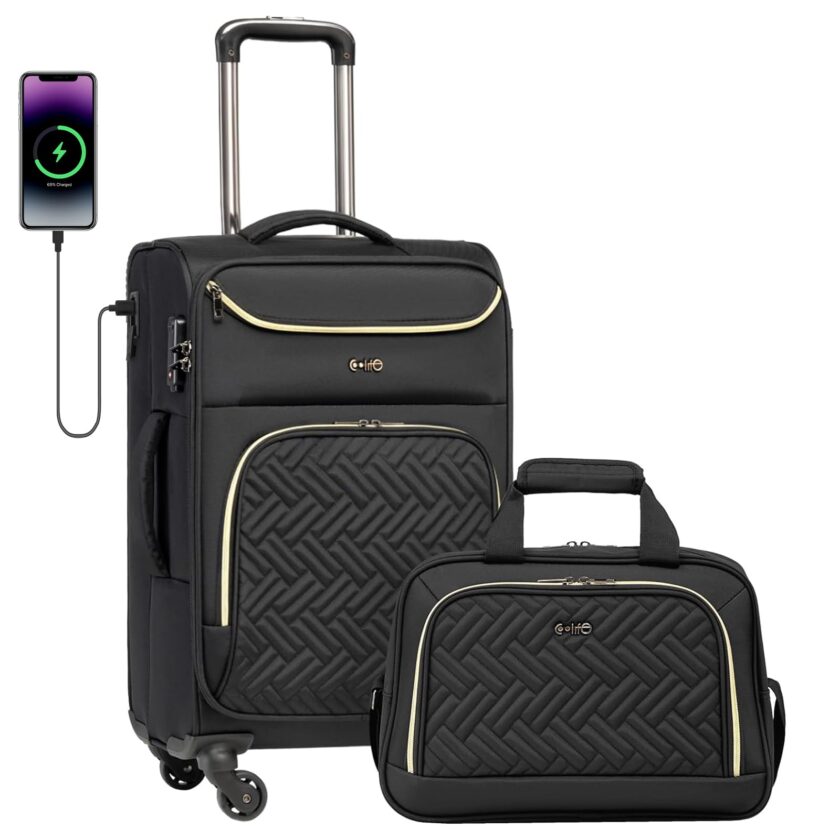Coolife 20-Inch Lightweight Carry-On Luggage in Black with Integrated USB Port and Matching Tote Bag, Ideal for Travel