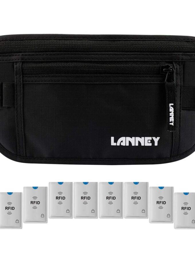 LANNEY RFID Blocking Travel Money Belt in black, designed for hidden security and comfort, featuring multiple compartments and waterproof material