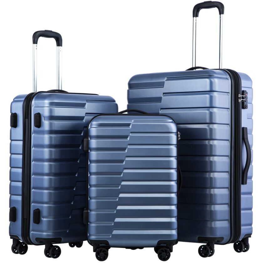 Coolife 3-Piece Expandable Luggage Set in Blue with Durable ABS+PC Hard Shell and TSA Lock